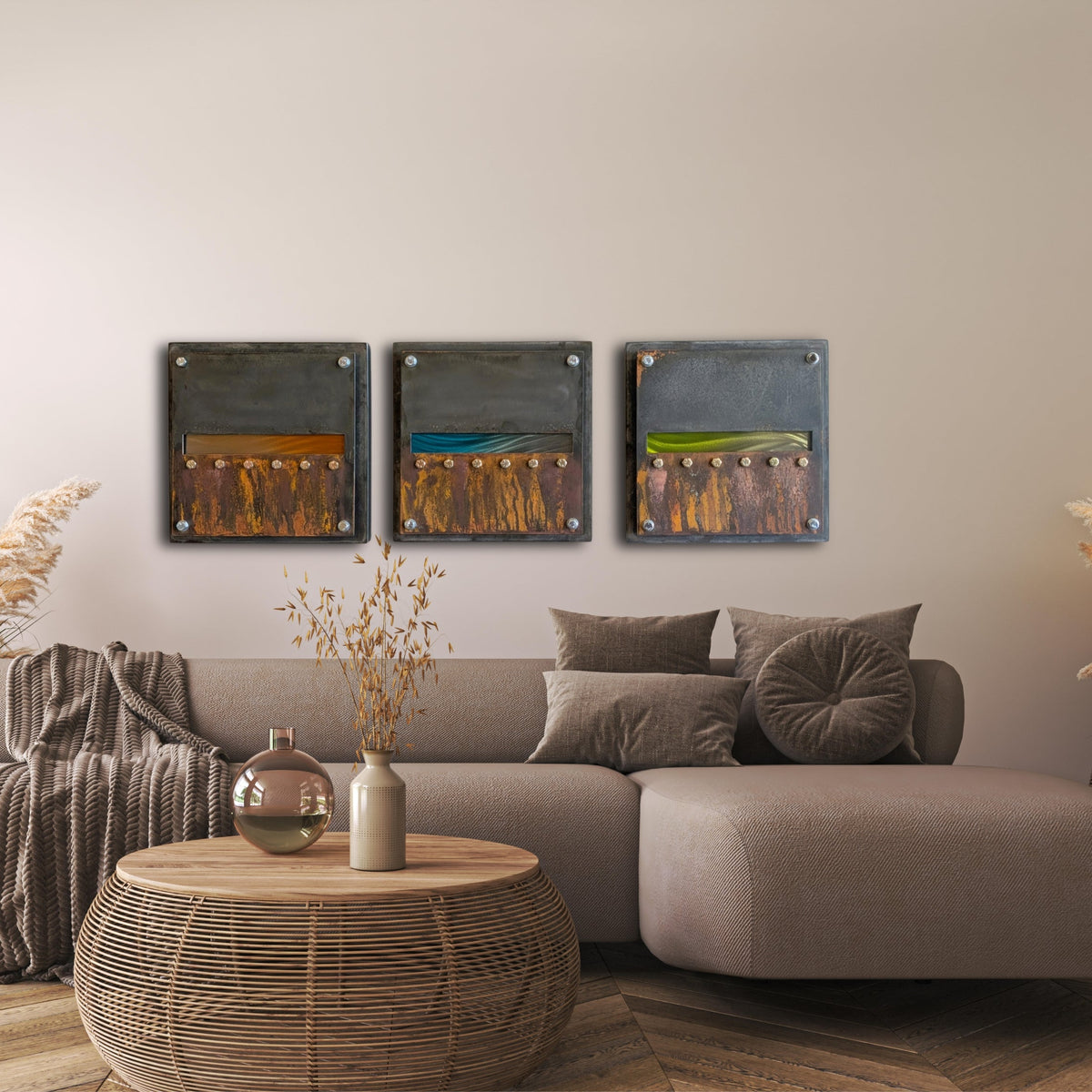 Edge of Day displayed above a beige sectional sofa in a warm, neutral living room.